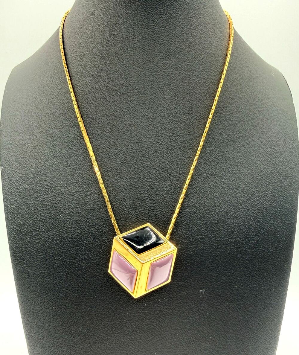 Vintage Givenchy Gold Tone & Enameled 3D Cube Necklace